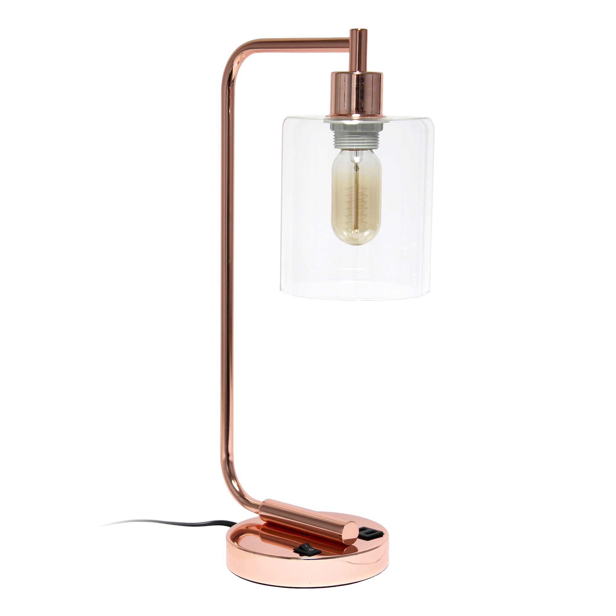 Lalia Home Modern Iron Desk Lamp with USB Port and Glass Shade, Rose Gold