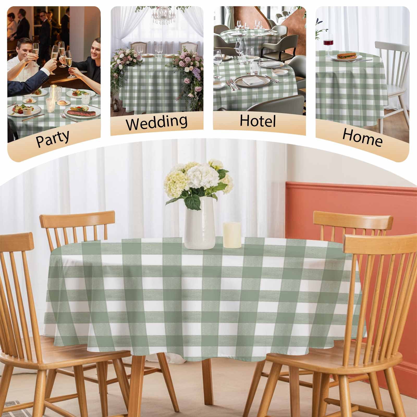 Round Tablecloth Rustic Checkered Plaid Waterproof Oil Proof Polyester Table Cloth Cover Decor for Home Dining Outdoor,Patio,Parties, 60" Dia. Sage Green