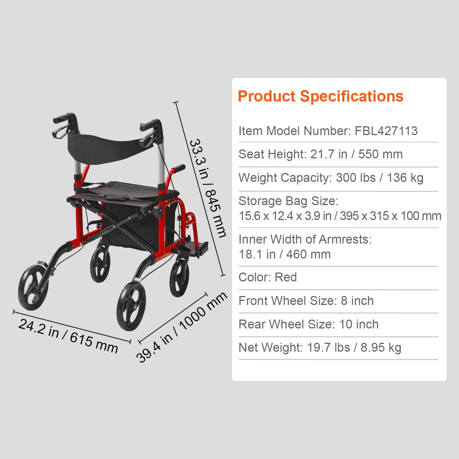 KFFKFF Dual-Function Walker & Wheelchair for Elderly, Foldable Aluminum Walker with Seat, Adjustable Handles & Footrests, Durable All-Terrain Wheels, Supports up to 300 lbs
