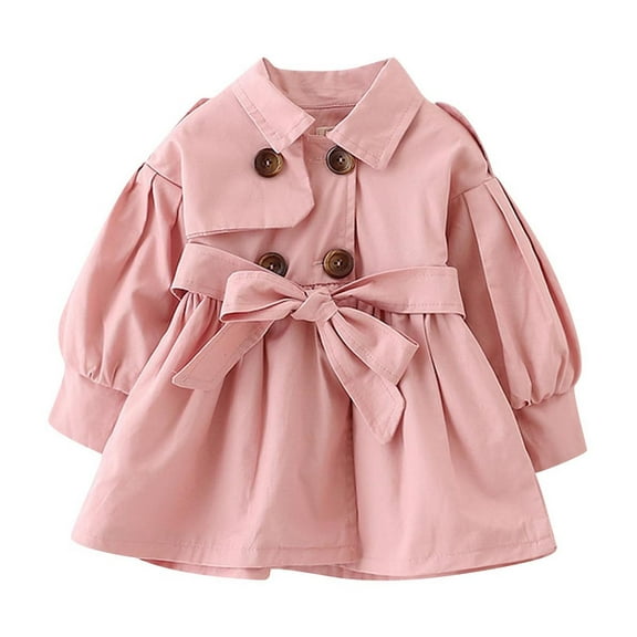Kaemgyyd Baby Girls Trench Coat Casual Fashion Lapel Long Sleeve Tie Belt Jacket Pleated Button Outerwear 6 M-3 Y