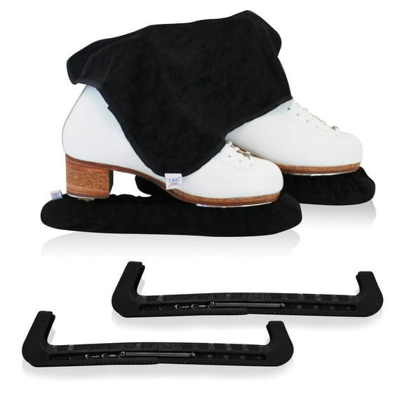 CRS Cross Skate Guards, Soakers and Towel Gift Set - Ice Skating Guards and Soft Skate Blade Covers for Figure Skating or Hockey (Biellmann Black, Large)