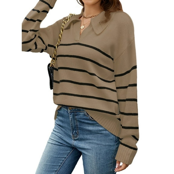 Women Striped Sweater V Neck Long Sleeve Loose Sweater Knit Pullover Jumper Tops Brown L