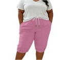 thumbnail image 3 of Women's Plus Size Imitation Linen Knee‑Length Shorts, Drawstring Elastic Waist Utility Pockets, Loose Sport Shorts for Beach Workout Daily | TruHer,Hot Pink L, 3 of 8