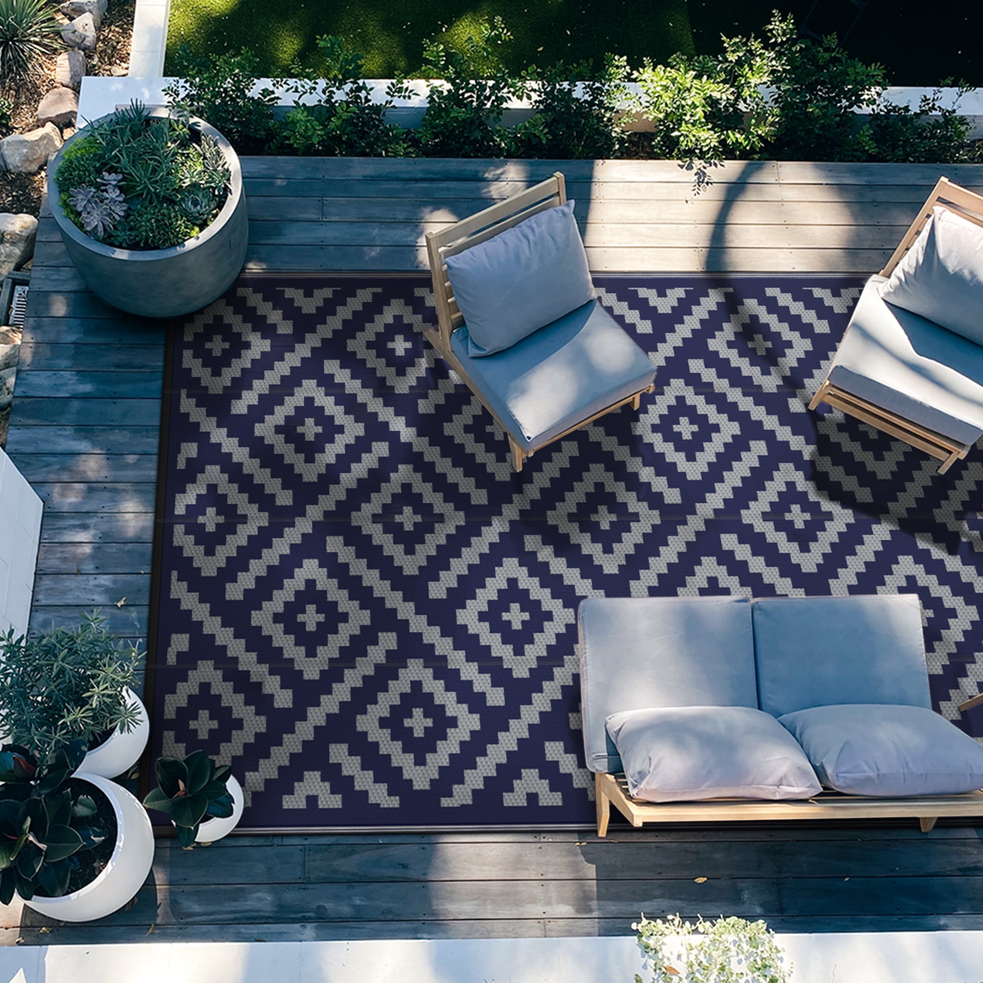 DEORAB Outdoor Rugs Waterproof Plastic Straw Mat 9'x12' Reversible for RV Patio Deck Beach Blue & Grey
