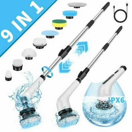 PHANCIR Electric Spin Scrubber, Cordless Shower Cleaning Brush with 9 Replaceable Brush Heads, Adjustable Handle for Bathroom, Tile Floor & Car, White