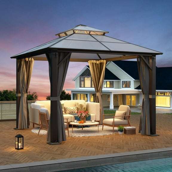 10' x 10' Hardtop Gazebo, Outdoor Polycarbonate Double Roof Gazebo with Metal Frame Permanent Pavilion with Netting& Curtains for Garden, Patio