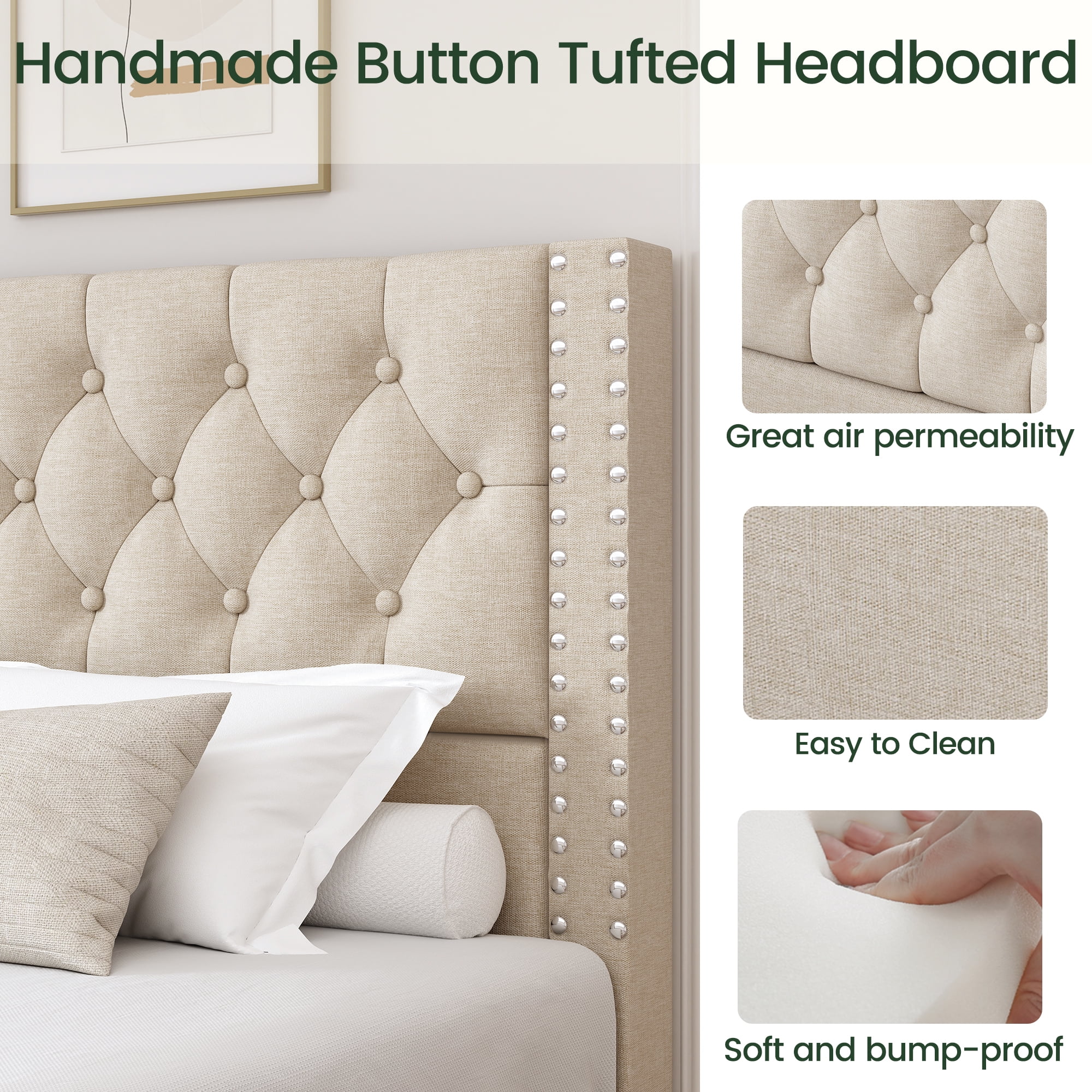 LARMACE King Size Tufted Bed Frame with 4 Storage Drawers, Linen