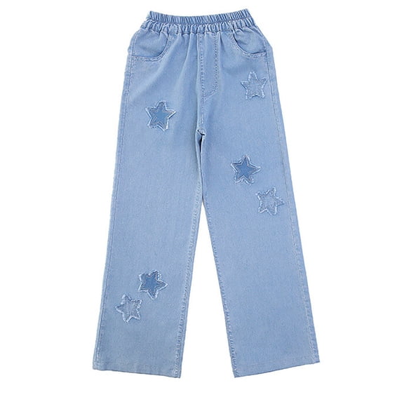 KAUOD Kids Girls Star Distressed Jeans Wide Leg Straight Pull on Denim Pants Washed Vintage High Waist Jeans Trousers