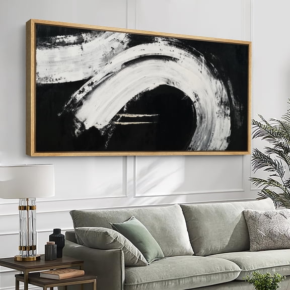 Large Framed Canvas Wall Art Print Dramatic White Brushstroke on Black Minimalist Abstract for Living Room Decoration - 60"x30" Natural Frame