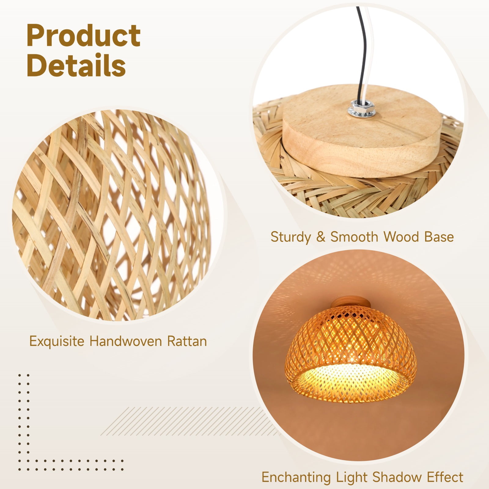 Wood Rattan Ceiling Light Fixture, Semi-Flush Mount Handwoven Rattan Shade, Farmhouse Light Chandelier Shade, Dual-Layer Lamp Fixture for Bedroom, Hallway, Kitchen, E26 Base Included