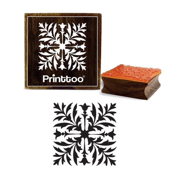 Printtoo Brown Square Wooden Rubber Stamp Leaf Pattern Craft Textiles Stamps-3 x 3 Inches