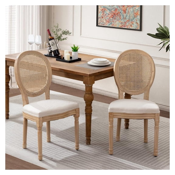 French Dining Chairs Set of 2, Round Back Wood Chairs, Farmhouse Rattan Seat for Kitchen Bedroom, Beige