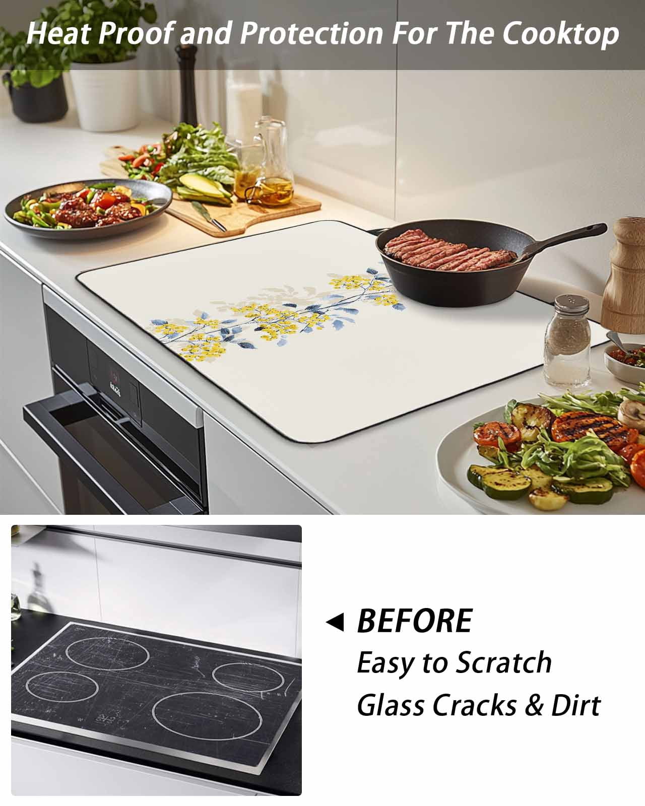 Stove Top Covers for Electric Stove, Yellow Fruit Glass Stovetop Cover Protector, Vintage Country Leaves Berries Blue Plants Induction Cooktop Protector Oven Mat for Kitchen Countertop 24"x21"