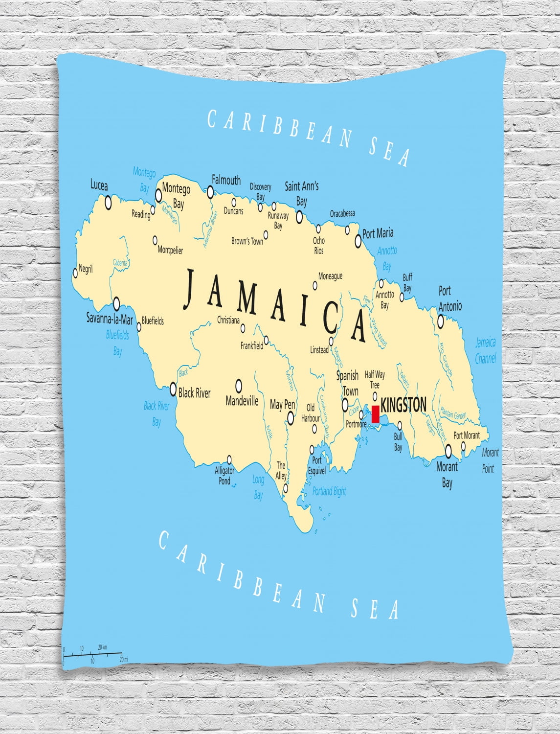 Jamaican Tapestry, Map of Jamaica Kingston Caribbean Sea Important Locations in Country, Wall 