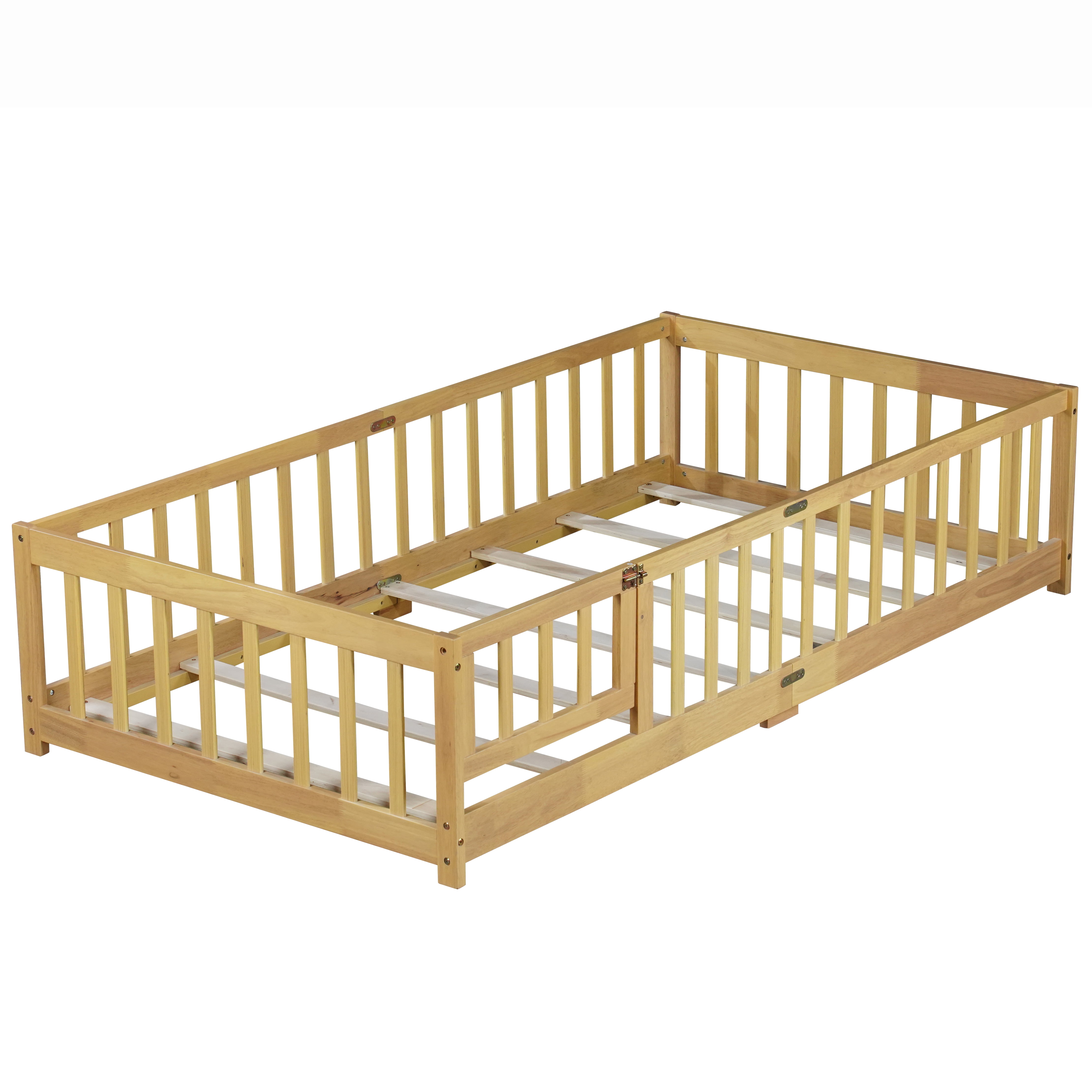 Miniyam Wood Twin Size Floor Bed Guardrails for Kids, Natural