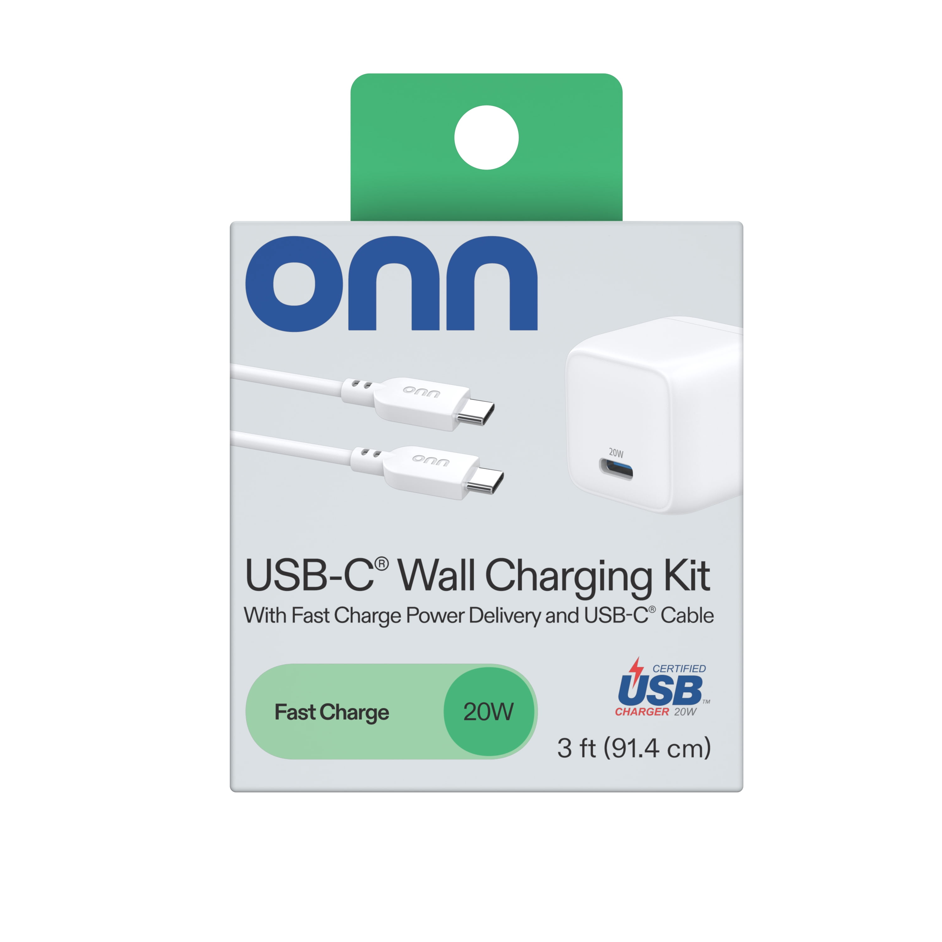 (5 pack) onn 20W Single USB-C Port Wall Fast Charger with 3ft C-C Cable, USB-IF Certified,Foldable Plug, White