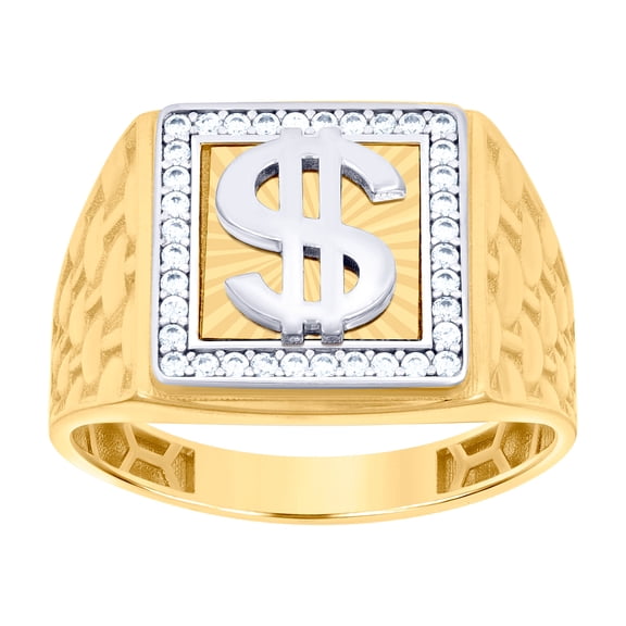 10k Two-tone Gold Mens Cubic Zirconia Square Dollar Sign Currency Ring 13.9mm Long Ring for Men