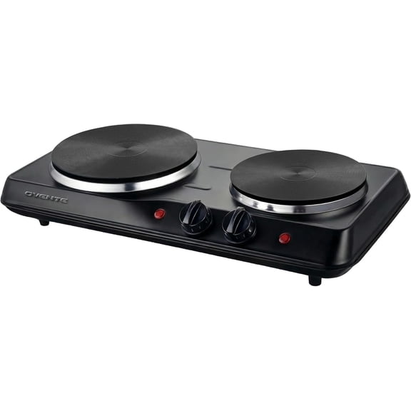 OVENTE Electric Countertop Double Burner, 1700W Cooktop with 7.25" and 6.10" Cast Iron Hot Plates, Temperature Control, Portable Cooking Stove and Easy to Clean Stainless Steel Base, Black BGS102B