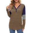 thumbnail image 2 of Blusa de patchwork de manga larga con escote en V, botones y rayas - Blusa informal marrón para mujer para otoño/invierno, talla M, 2 of 5