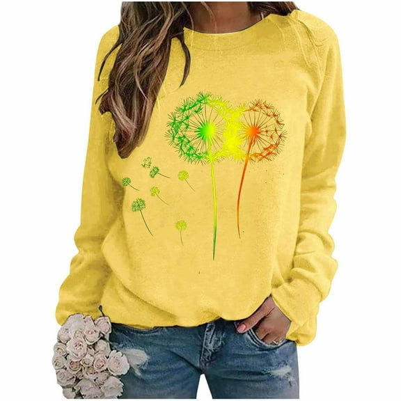 AUNVITO Women's Loose Fit Casual Dandelion Print Round Neck Raglan Sleeve Long Sleeve Crewneck Sweatshirt Top