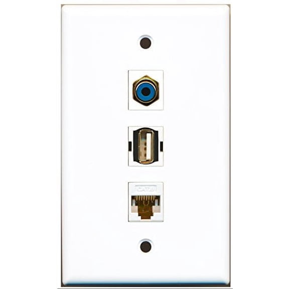 RiteAV - 1 Port RCA Blue and 1 Port USB A-A and 1 Port Cat6 Ethernet White Wall Plate