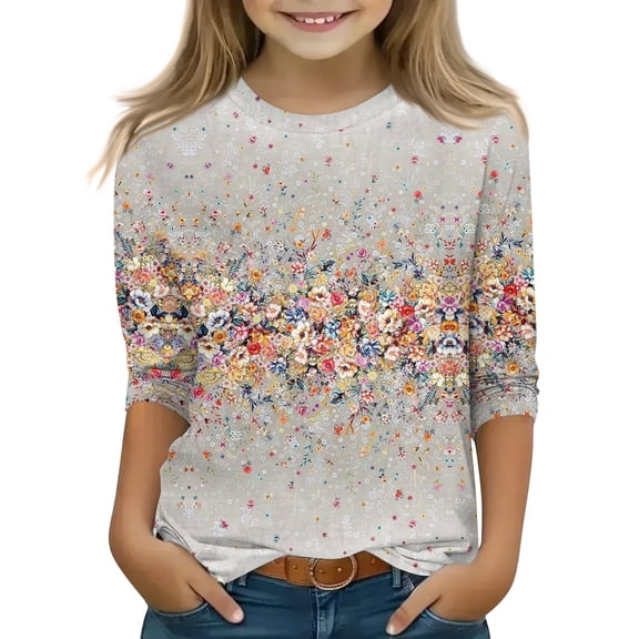 Grblisyd Shirt for Teen Girls 3/4 Length Sleeve Round Neck Shirts Graphic Blouses Fall Winter Pullover Cute Tops