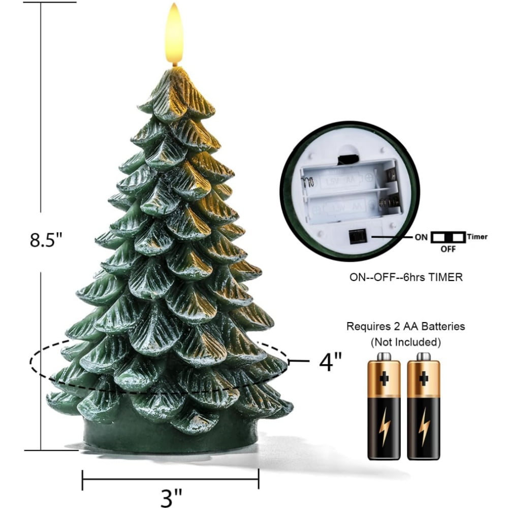 Homemory Christmas Tree Candles with 6 Hours Timer, 2 Pcs Waxy LED Flameless Candles Flickering, Green Electric Candles Battery Operated for New Year Celebration Holiday Decorations 8.5 Inches
