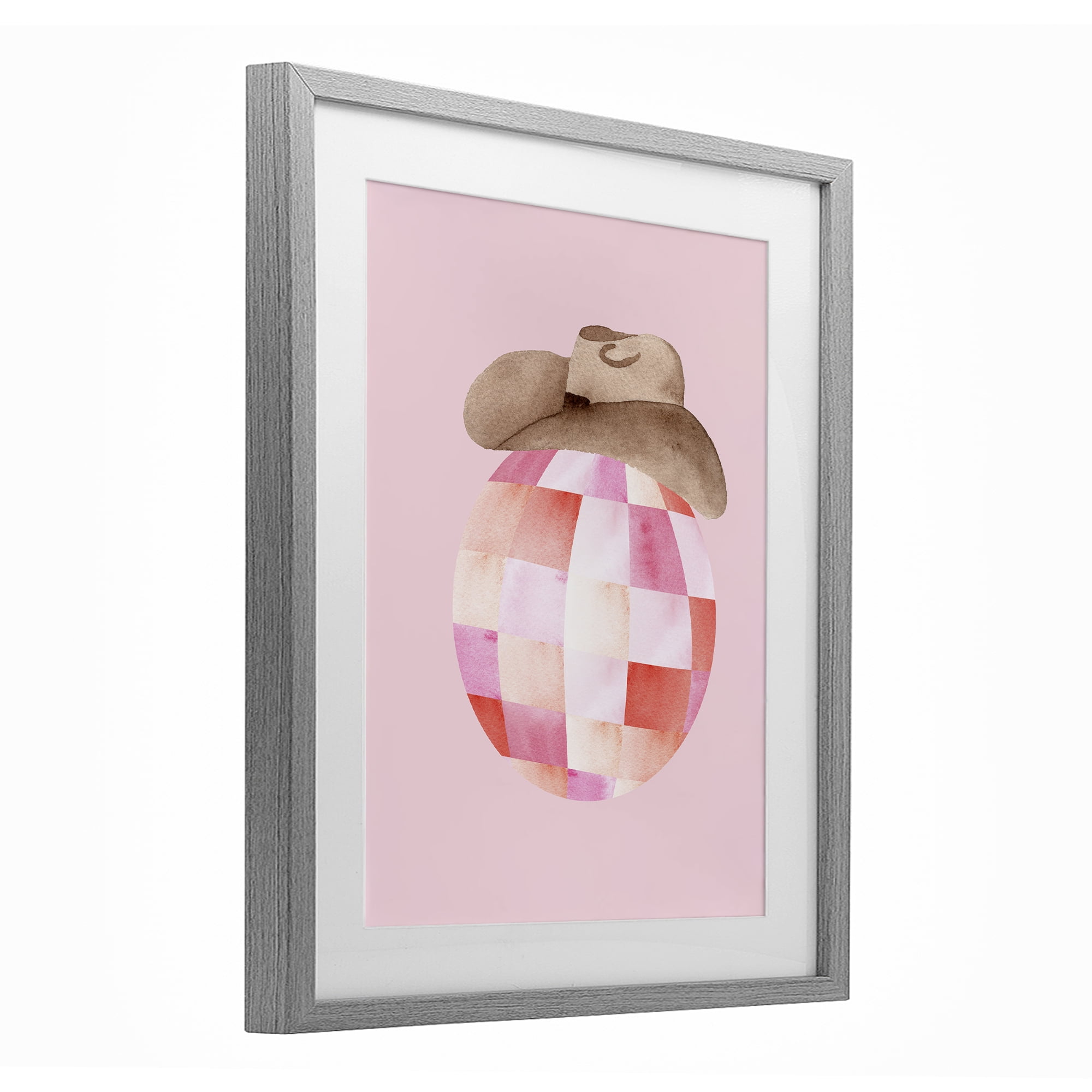 Rosy Disco Cowgirl Hat Gray Framed Print Under Glass, design by Nina Jacobs