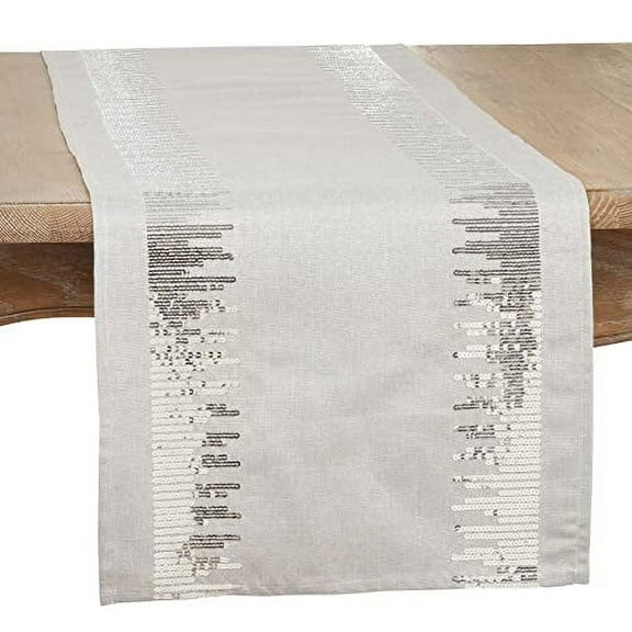 Fennco Styles Shimmering Sequin Border Table Runner 16" W X 72" L - Silver Table Cover for Home, Dining Room, Banquets, Family Gatherings, Everyday Use and Special Occasions