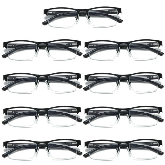 9 PK Mens Reading Glasses Spring Hinge - Square Metal Half-Frame - Blue Light Blocker Readers  0.75