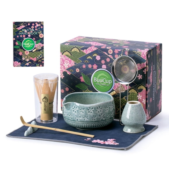 Juego de batidores para matcha Buucup, cuenco de cerámica para matcha, 530 ml, 7 unidades, azul