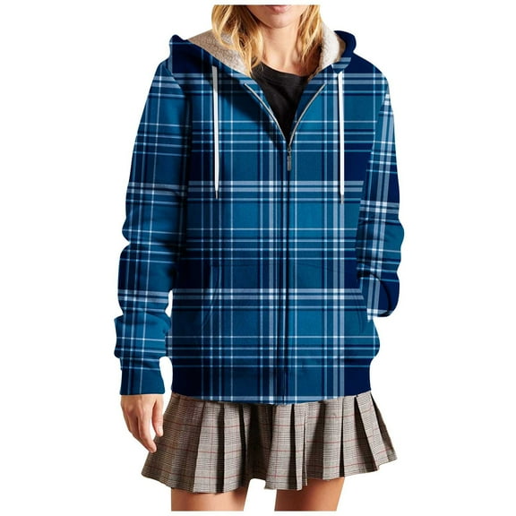 Womens Plaid Jackets Hooded Full Zip Drawstring Outwear Casual Loose Thermal Fall Winter Cardigan With Pockets (XL, Blue-A)