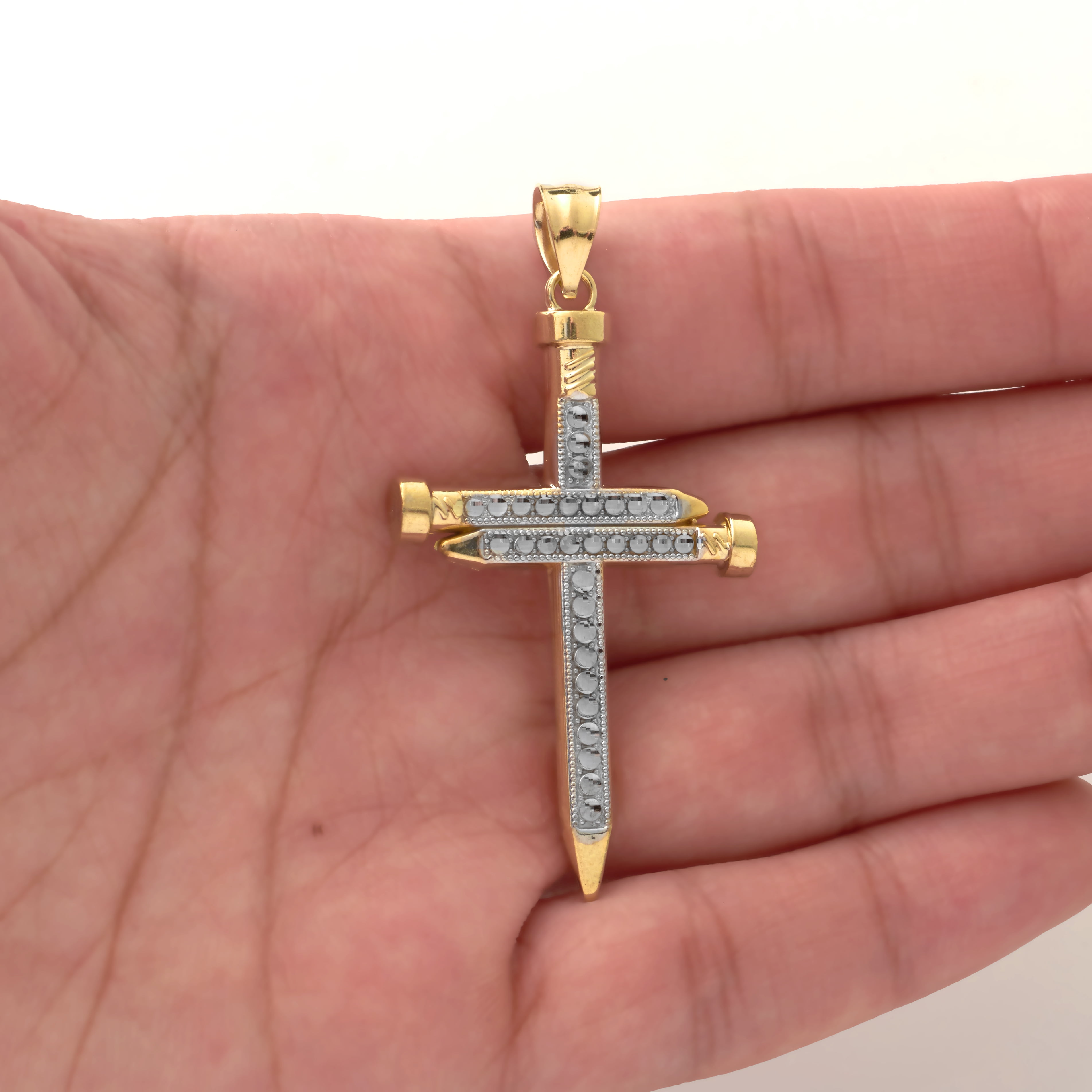 LoveBling 10K Yellow Gold Two-Tone Triple Nail Cross Charm (2.18" x 1.10")