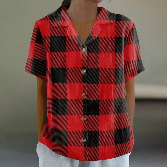 Njagoc3 Womens Red & Black Plaid Button - Down Shirt, Short Sleeve, Classic Fit, Casual Summer & Spring Top