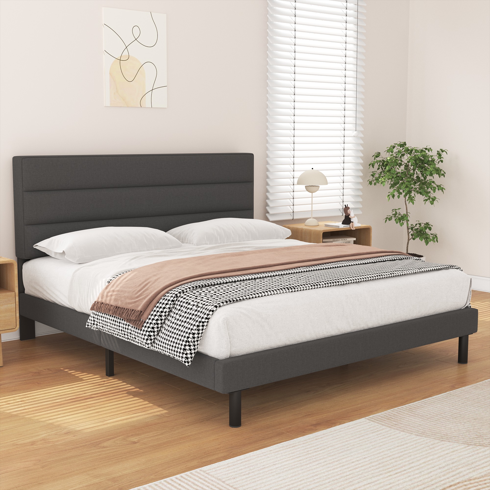 Twin Bed Frame, HAIIDE Twin Size Platform Bed with Wingback Fabric Upholstered Headboard, Dark Gray - image 2 of 8