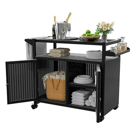 Outdoor Bar Cart with Tempered Glass Top, Wicker Patio Bar Table with Lockable Wheels & Side Basket - 74 Gallon Storage, Black