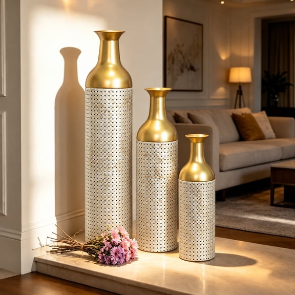 TheEshow White & Gold Leaf Pattern Iron Decorative Floor Flower Vases Set of 3 for Home, LivingRoom, Entryway