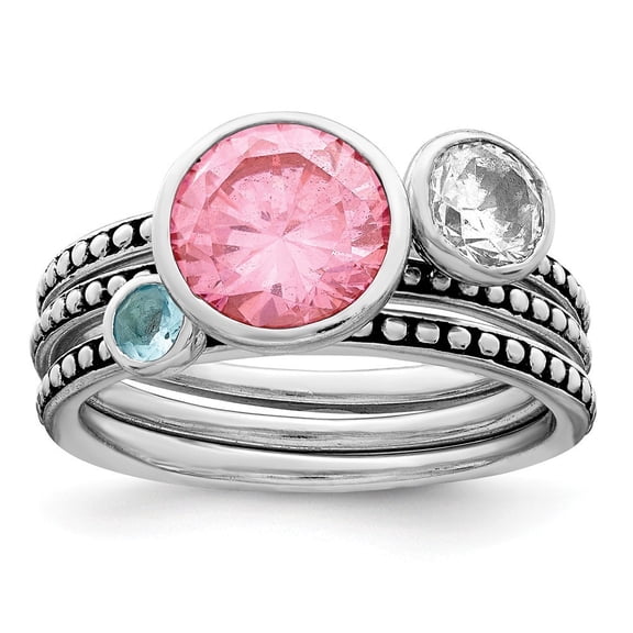 Sterling Silver Rhodium-plated With Pink and White Cubic Zirconia And Blue Glass Ring Set - Size 8 - Measures 1.8mm Wide