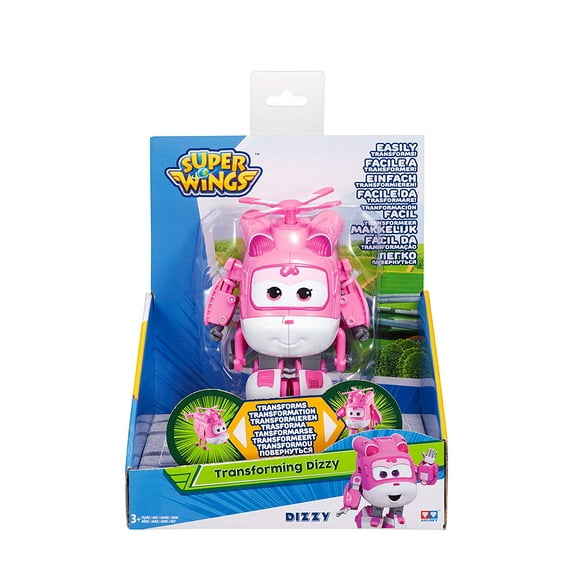 Super Wings - Transforming Dizzy Toy Bot Figure, Rescue Helicopter, 5" Tall Pink
