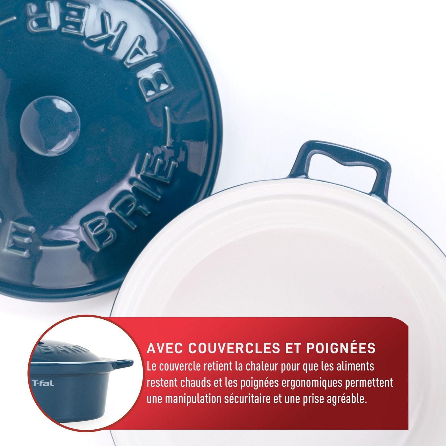 T-Fal Ceramic Brie Baker with lid and handles, 7-in/18cm, blue, 7-in/18cm