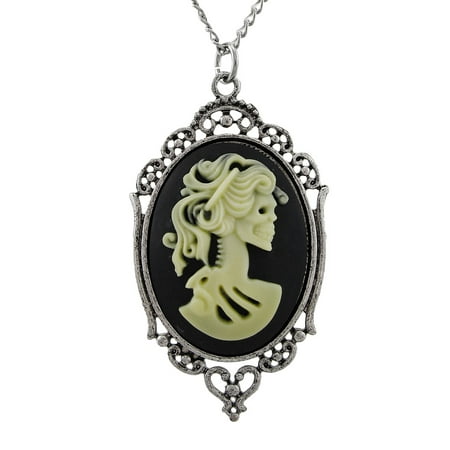 Victorian Skeleton Cameo Necklace with Silver Tone Frame 30 In.