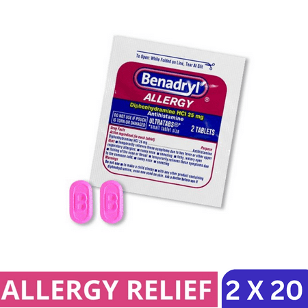 Benadryl Allergy Ultra Tabs On The Go Convenience Packets Individually sealed, 2 Tablet Per Packet UNBOXED (20 Pack)