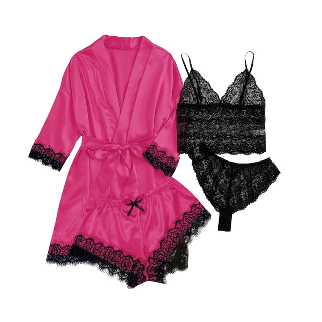 Diufon Ensemble de Pyjama en Satin pour Femmes, Peignoir de la Saint-Valentin et Camisole en Dentelle, Hauts & Shorts et Culottes, Ensemble 4 Pcs