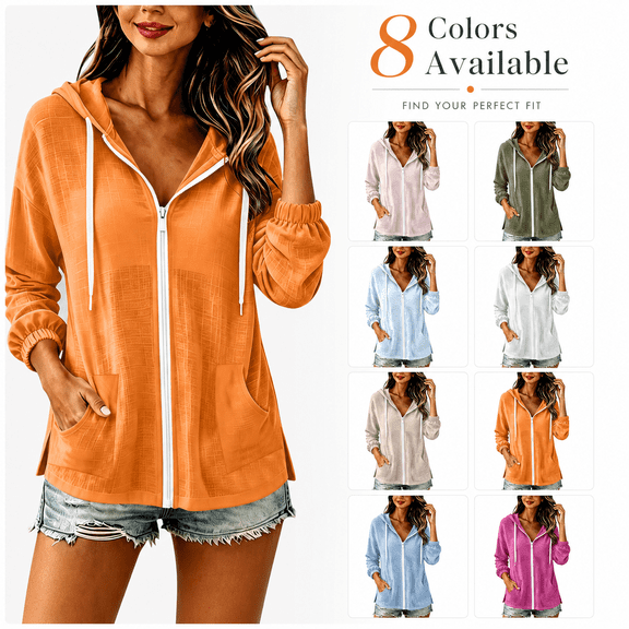 Lightweight Hoodies for Women Zip up Drawstring Summer Loose Fits Sweatshirt Fashion Casual Beach Coat Tops with Pockets