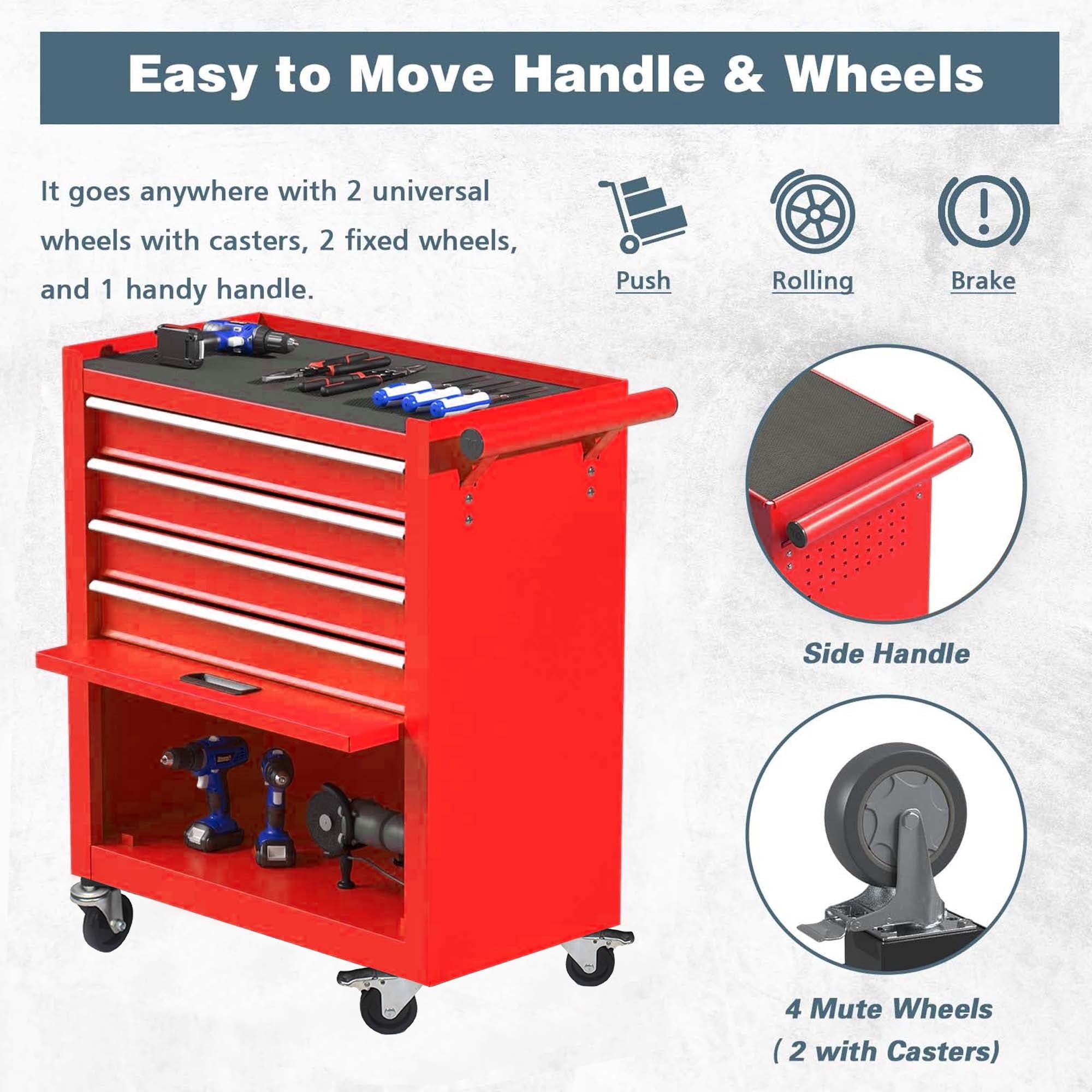 Aukfa Tool Box, 24.5 in Steel Rolling Tool Chest&Cabinet On Wheels for Garage, 4-Drawer, Red