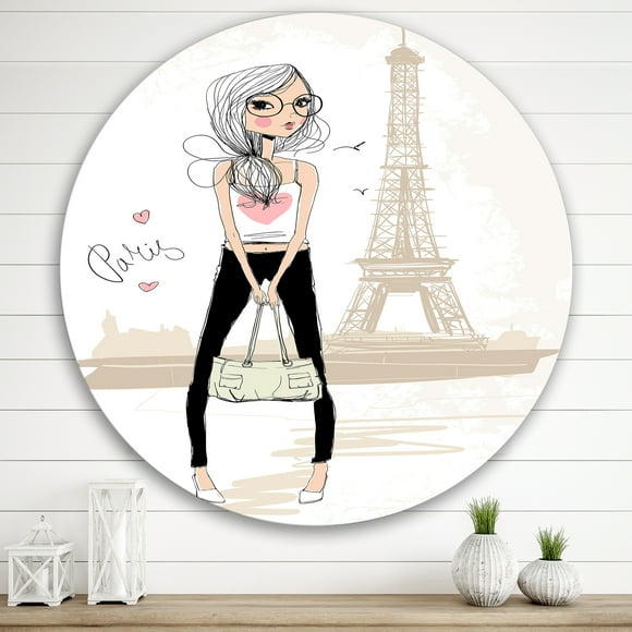 Designart - Cute Girl By The Tour Eiffel In Paris - Children's Art Metal Circle Wall Art