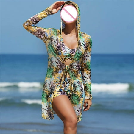 Clearance Rciityk 3 Piece Swimsuits for Women 2025 Boho Hawaiian Long Sleeve Cover Up Bikini Set with Boy Shorts Summer Beach High Waist Tummys control Bathing Suit - Spring/Summer Savings Clearance