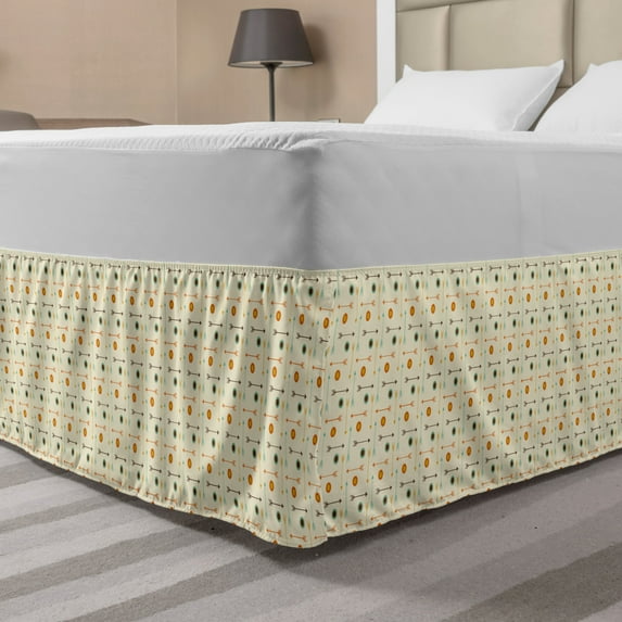 Tribal Bed Skirt, Geometric Pattern with Circles and Arrows Hipster Art, Elastic Bedskirt Dust Ruffle Wrap Around for Bedding Decor, 4 Sizes, Mint Green Orange Cream, by Ambesonne
