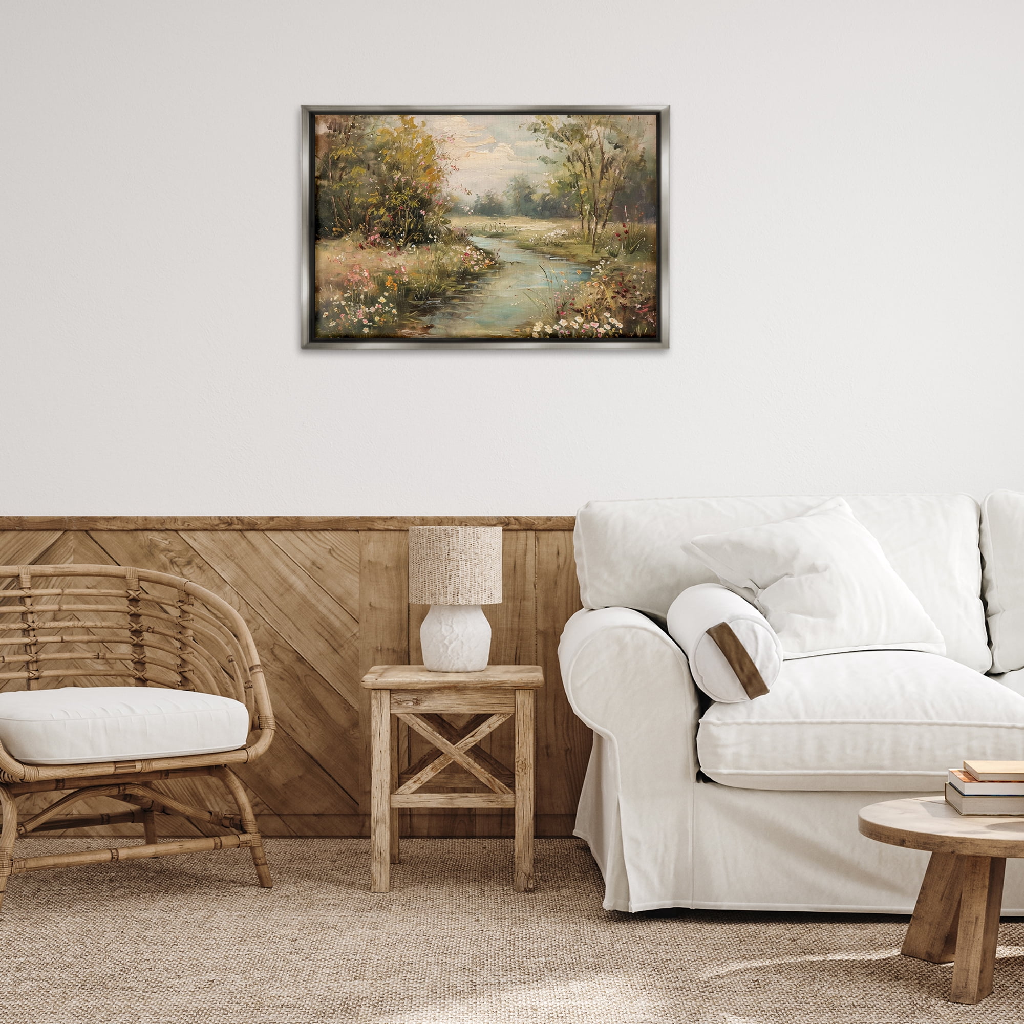 Stupell Industries Spring Stream Landscape Landscape & Nature Painting Gray Floater Framed Canvas Art Print Wall Art, 31 x 21