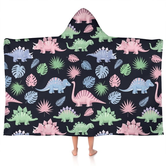 Black Cartoon Dinosaurs Leaves Pattern Hooded Bath Towel,50"x30" for Ages 3 To 12 Kids, Quick Dry Lightweight Soft Microfiber Hood Beach Towel Cover Up for Kids